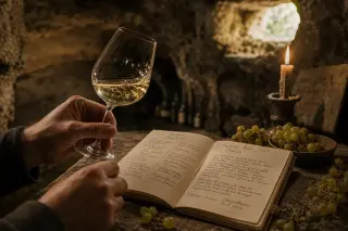 Vigneron's hands swirling wine next to tasting notes in a candlelit troglodyte cellar with grape samples and textured stone walls.