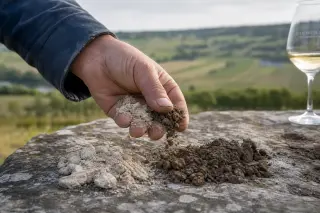 A winemaker's hand compares two contrasting soil types on a rustic stone table, with Loire vineyards softly blurred in the background.