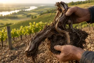 Hands inspecting the weathered root of a grapevine among Loire vineyard terraces at sunrise, with sunlight grazing the landscape.