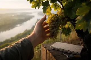 Sunrise vineyard scene with a hand gently grasping a grape cluster and tasting tools on a crate, evoking a quiet, authentic preparation for blind wine tasting.