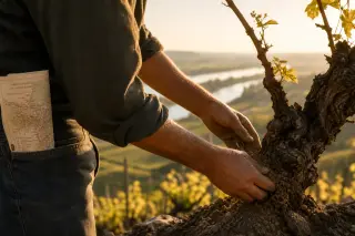 Hands of vigneron cleaning old vine at sunrise, Loire terraces and river blurred in background, map in pocket, warm natural light.