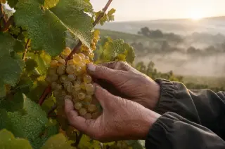 Close-up of a winemaker's hands examining Chenin Blanc grapes on the vine in a misty Saumur vineyard at sunrise