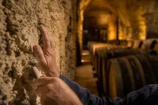 Vintner's hands brushing dust from an old stone wall in a softly lit troglodytic wine cellar, with oak barrels in background and golden natural light.