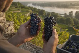 Hands of a vigneron comparing two grape clusters near Loire vineyard terraces under soft morning light