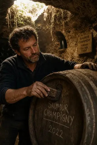 Winemaker in a rustic troglodyte cellar, dusting an old wine barrel with natural morning light streaming in