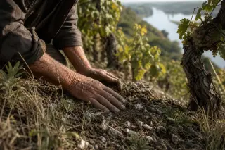 Elderly hands examining chalky soil among vine rows on a Loire hillside, in warm natural morning light.