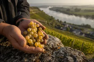 Winemaker's hands holding fresh chenin blanc grapes over a vineyard with sunrise mist along the Loire valley.