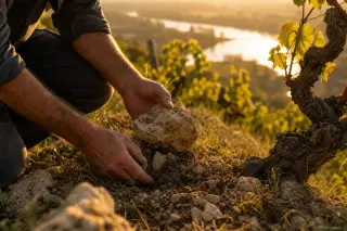 A vigneron kneels in a Loire vineyard at golden hour, lifting a stone to reveal soil beneath grape vines, with soft sunlight and the Loire river faintly visible in the background.
